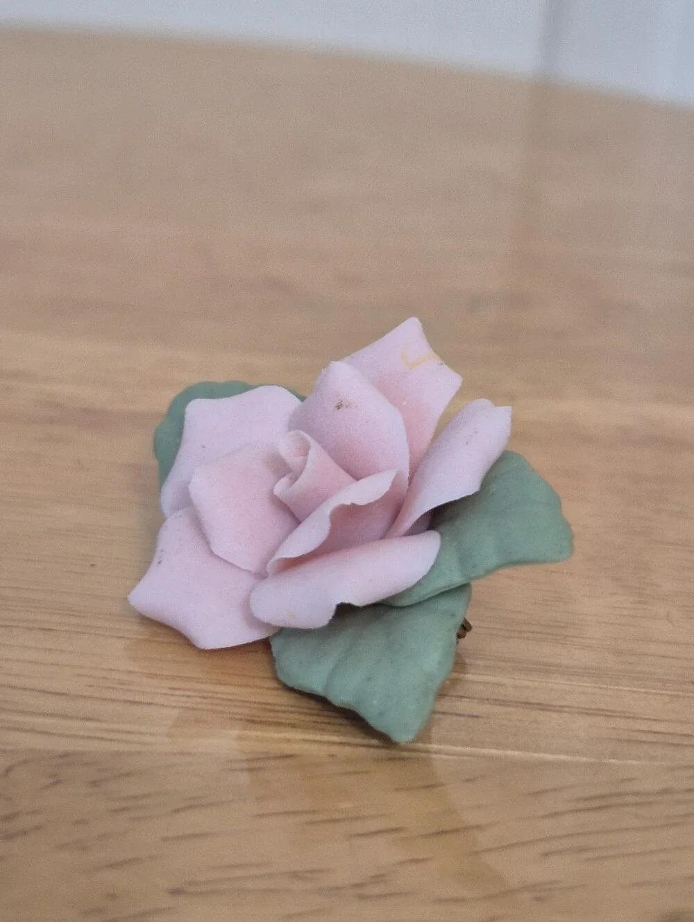 Pastel porcelain pink rose Brooch pin with green leaves
